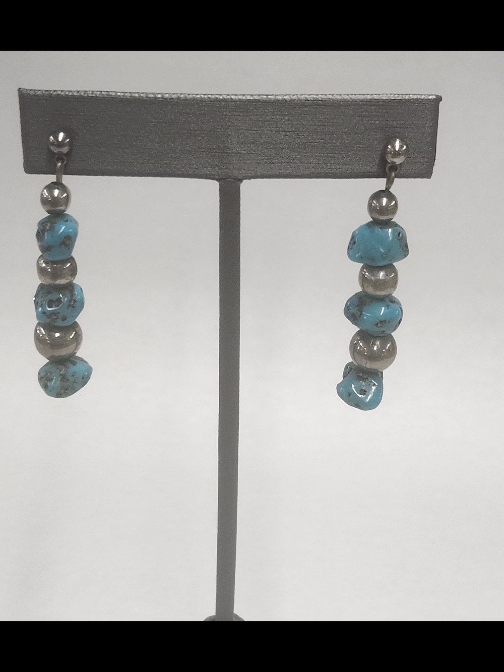 Vintage Turquoise Chip & Sterling Bead Drop Earrings